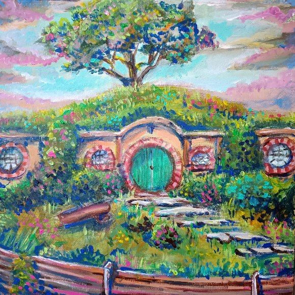An acrylic painting of Bag End, Frodo and Bilbo's Hobbit Hole from The Hobbit and Lord of the Rings. There are a lot of pretty flowers and colors in the painting