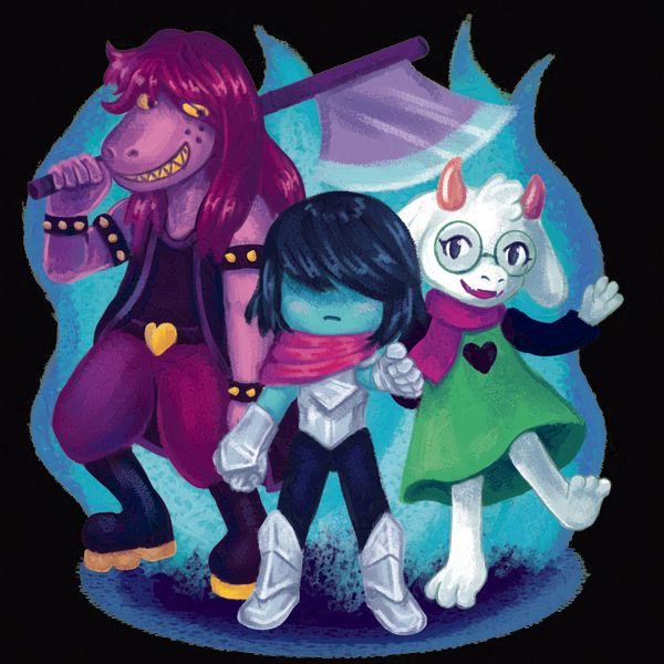 A sticker design featuring Kris, Susie, and Ralsei from Deltarune in the dark world, posing together in front of a dark fountain. Deltarune Tomorrow!