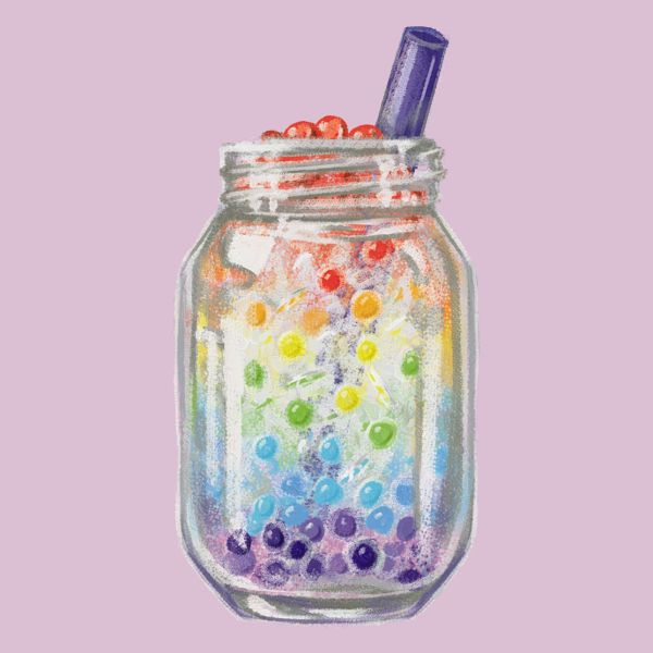 A glass mason jar filled with popping boba in a gradient pattern.  The boba are suspended in a clear beverage with ice, making them look like they're floating.  The dirnk has a dark purple straw.