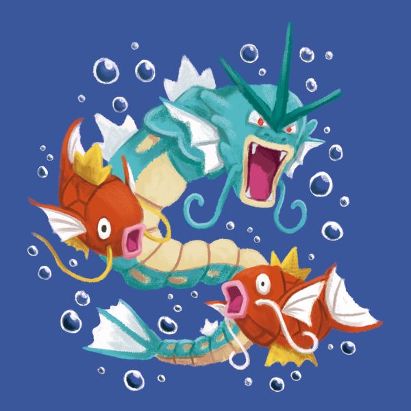 
A design featuring three Pokemon: a Gyarados swimming in the water with two Magikarp swimming near him.  The Gyarados is roaring at the viewer, and the Magikarp seem to be splashing around looking elsewhere. They're surrounded by bubbles.