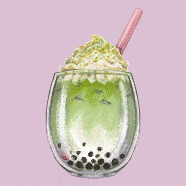 A sticker design featuring a stemless glass filled with a layered matcha milk tea (milk on bottom, matcha on top), tapioca pearls, ice, and whipped cream on top with a dusting of matcha power, decorated with a cute pink straw