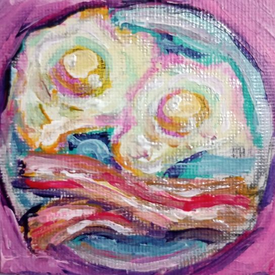 A photo of a 3" x 3" acrylic painting featuring colorful pastel eggs and bacon, and iridescent paint!