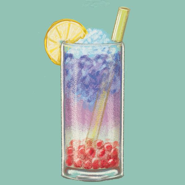 A tall glass of lemonade layered with butterfly pea flower tea that is transitioning from pink to blue in reaction to the PH of the lemonade, garnished with a slice of lemon and shaved ice, with a yellow straw