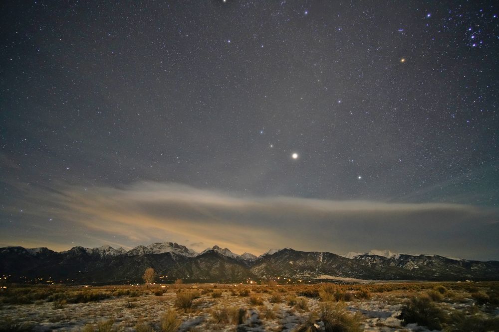 A long standing wave cloud stretches over the snow-capped peaks of the Sangre de Cristo range of the Rocky Mountains. There are many stars above, as well as the bright orb of Jupter in Gemini next to Castor and Pollux. The foreground is snow-covered, interspersed with chamisa. The lights of Crestone are nestled in the foothills of the mountains. Orion's belt is upper right.