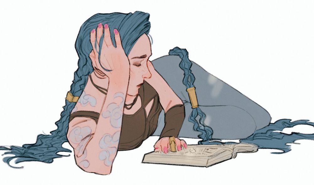 A digital artwork of Arcane character Jinx. She's laying on the ground, head propped up on her right elbow, dozing off while reading a notebook. She's wearing a brown shirt and gray pants, with two loose braids. 