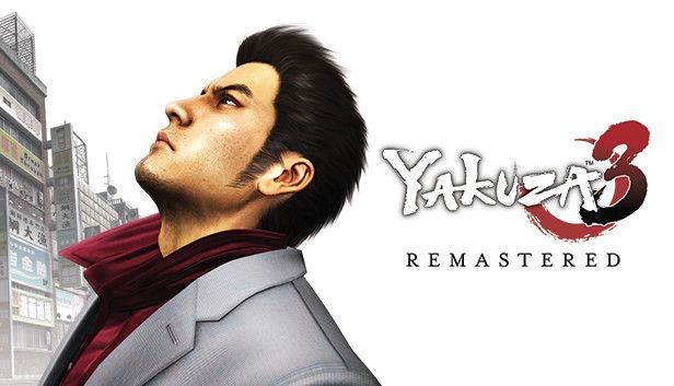 Key art for Yakuza 3 Remastered.

The title is on the right side of the poster, and to its left is Kazuma Kiryu, looking upwards, with grayish buildings and a white background behind him.