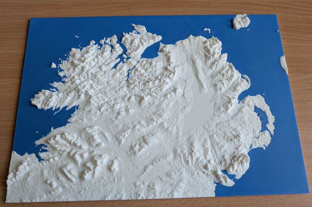 A 3d printed elevation map of the north of the island of Ireland. 