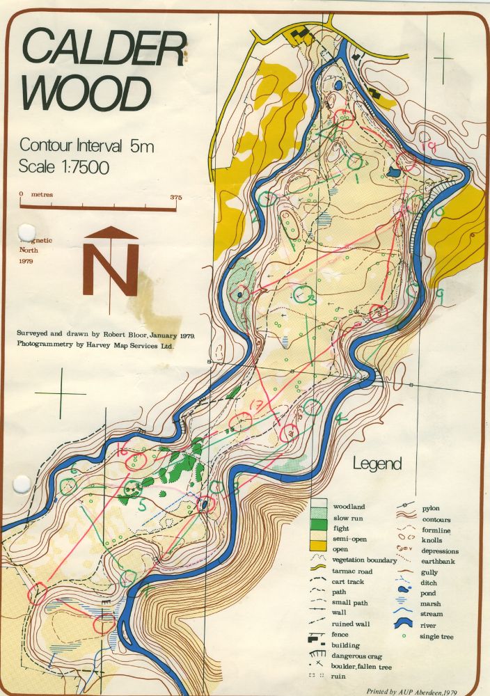 5 colour orienteering map. Calder Wood 1:7500 drawn by Robert Bloor. On a photogrammetric base map so a bit of an investment. The area is a lightly wooded plateau  between two rivers. Slopes to the river are steep.