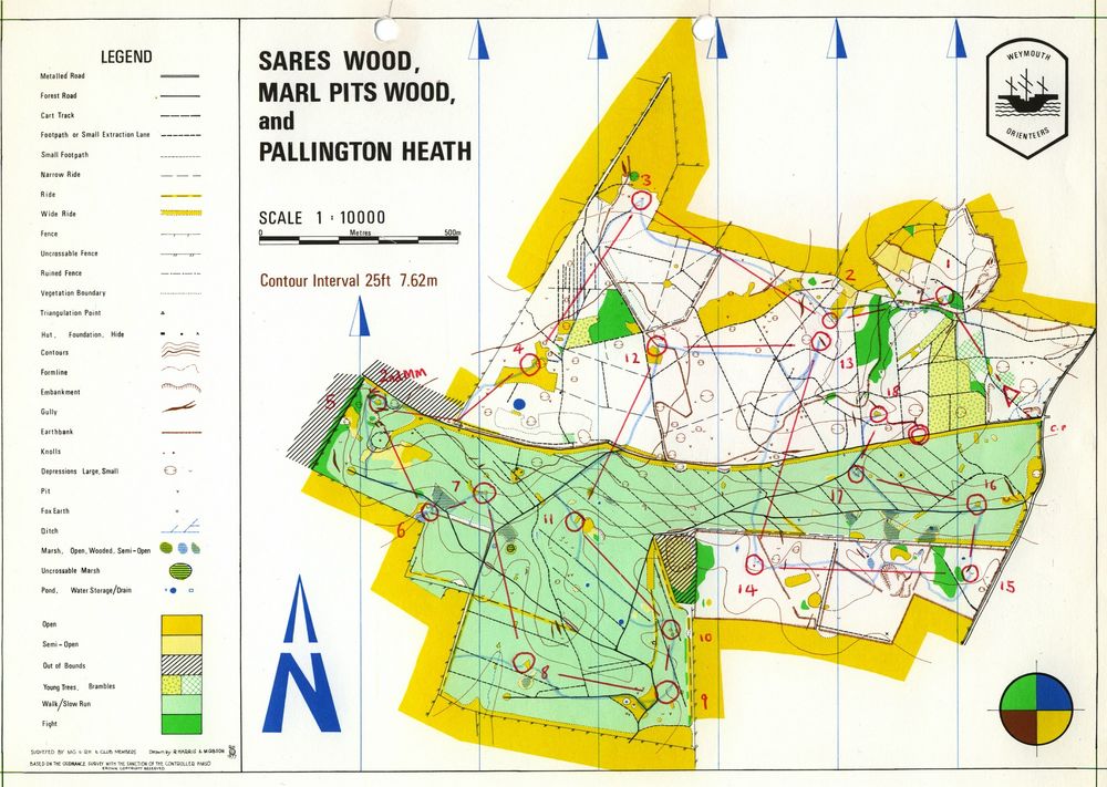 A five colour orienteering map from 1997 Light green forest in the south and runnable in the north. Lots of depressions, many large.