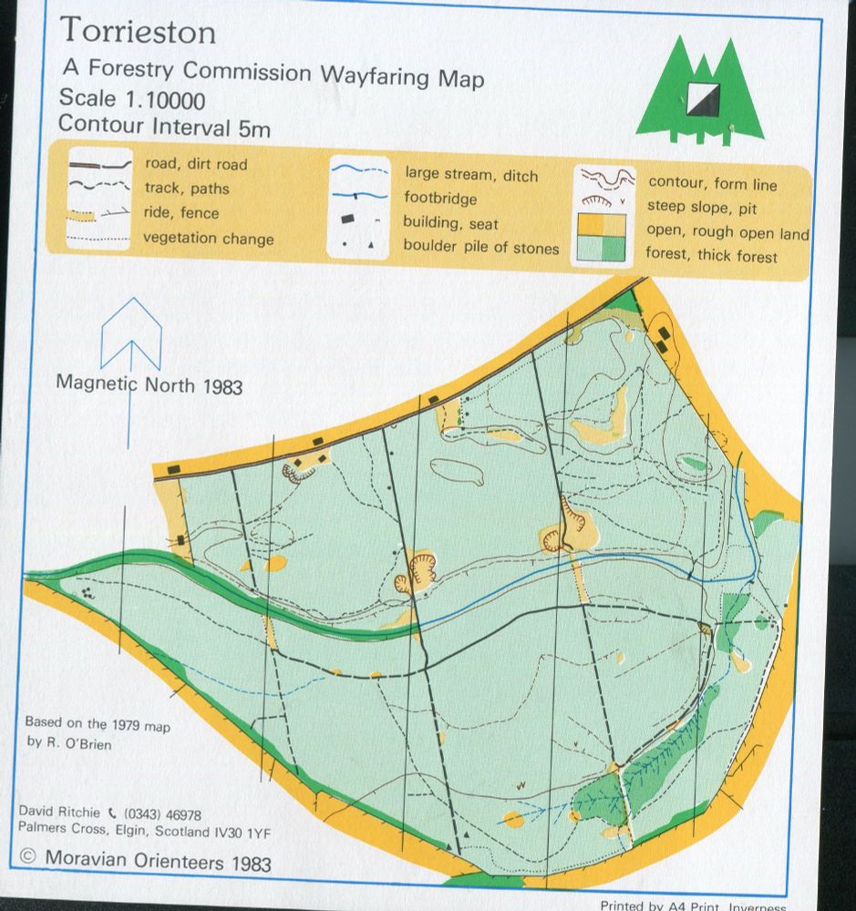 A small 1 to 10000 scribed orienteering map.  It is unusual in that runnable forest is shown using a green screen. There is no white.  The forest is mostly runnable.