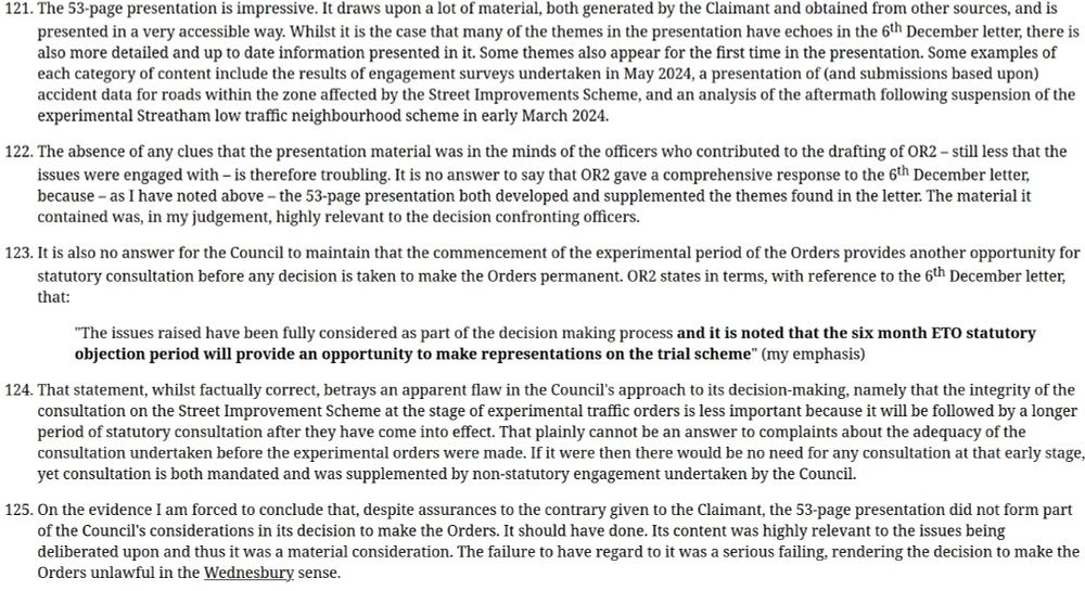 Screenshot of paragraphs 121-125 of the judgment contained in the link, explaining about a 53 page submission that Lambeth failed to take into account.