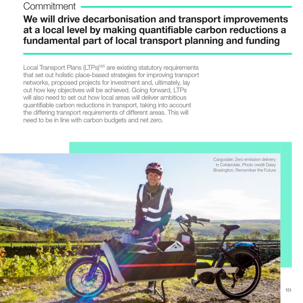 Text from TDP says "Commitment  We will drive decarbonisation and transport improvements at a local level by making quantifiable carbon reductions a fundamental part of local transport planning and funding" illustrated with photo of person standing over electric freight cycle with fields in Calderdale in background.