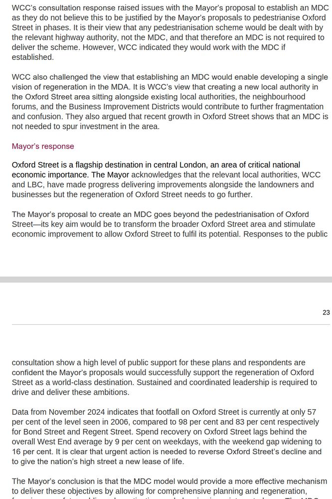 Screen grab of text from Oxford Street consultation report, starting at 4.2 Statement of reasons - MDC establishment, viewable at https://www.london.gov.uk/programmes-strategies/shaping-local-spaces/high-streets/oxford-street-transformation
