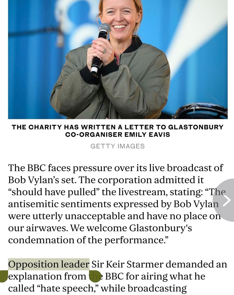 Screenshot from today's Standard story about Glastonbury criticism. Words opposition leader highlighted. 