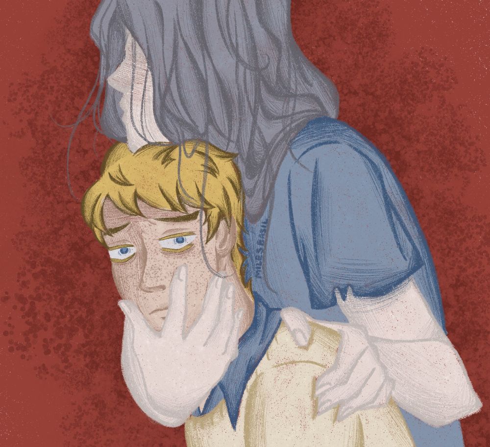 Elijah, a young man with short blond hair, blue eyes, and freckles, looks to the viewer with a distressed expression. His face and shoulder are gripped by a man behind him, his hair long and black and his face in shadow. This man rests his chin on top of Elijah’s head.