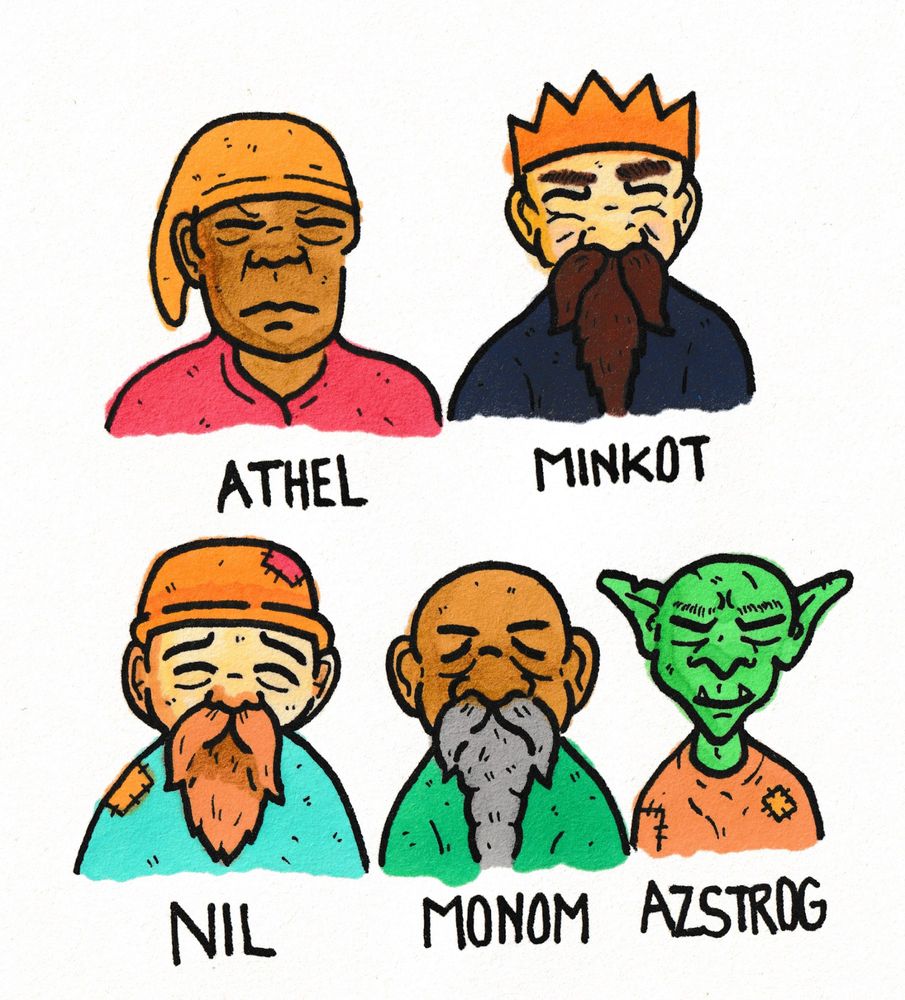 Drawing of five Dwarf Fortress characters, four dwarves and one goblin. They are labelled below Athel, Minkot, Nil, Monom and Azstrog.
