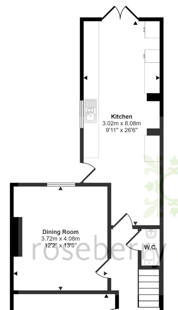 crop of the floorplan with the kitchen labelled as 3.02m x 8.08m