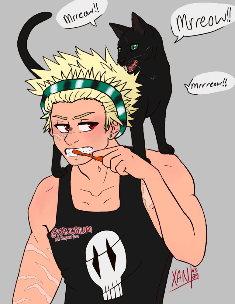 Katsuki Bakugo from my hero academia with a teal white and black headband pushing his bangs up brushing his teeth while his black cat with green eyes meows at him from his shoulders.