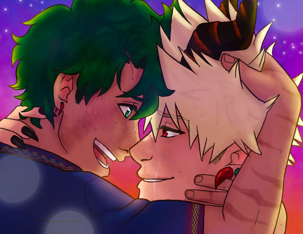 Close up of previous image; katsuki is wearing large gauge earrings and has black and orange horns. Both are looking into each others eyes lovingly 