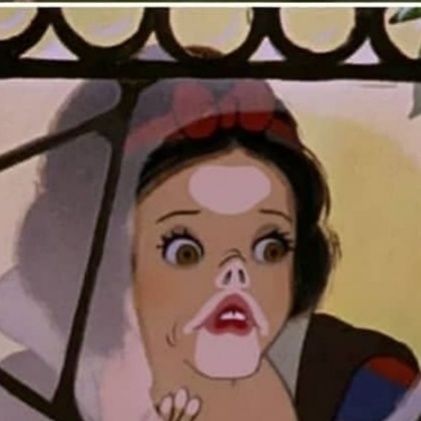 An image of Snow White looking in a window, but her face is pressed up against the glass panel giving her a scrunched up nose and a strange lip placement causing her two front teeth to show