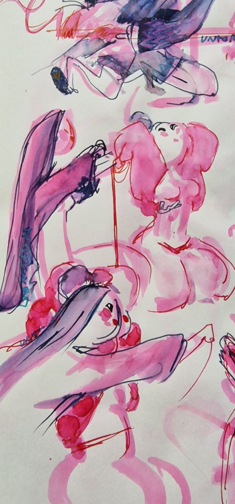 Various little sketches in Pink and Purple of two women doing shibari 