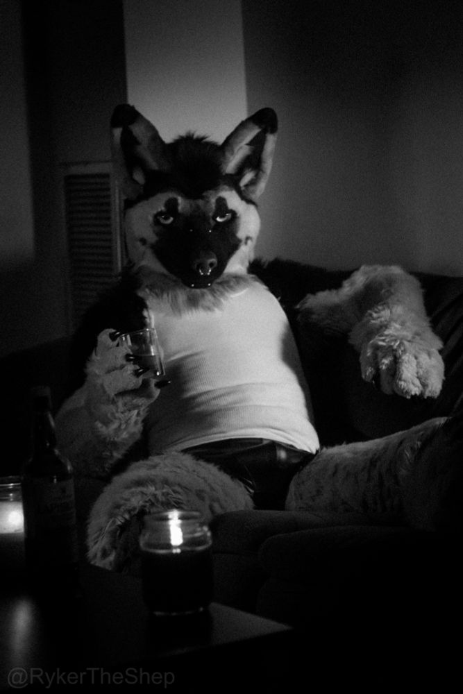 German Shepherd fursuit sitting on a couch in a white tank top and leather shorts holding a glass of Scotch. The image is in black and white. The dog is clearly a good boy.
