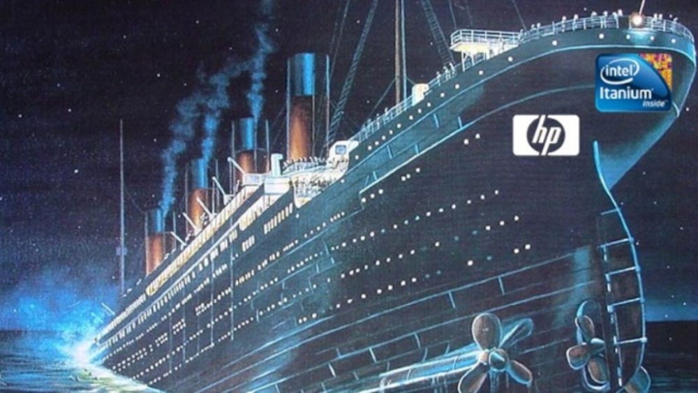 a sinking ship like titanic with Itanium and HP at the front