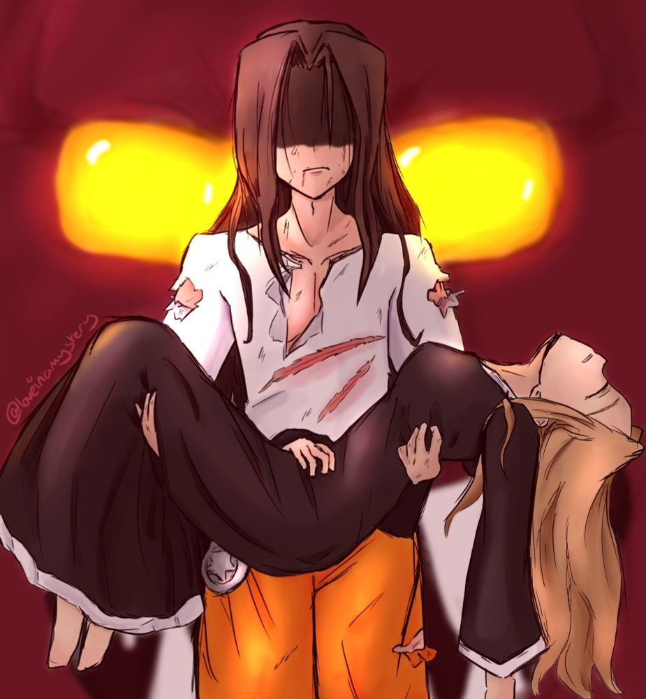 Adult Yoh and Anna from Shaman King. Yoh is holding Anna's lifeless body while he has cuts across his body from a battle. Oh-Oni's eyes look on from the background.