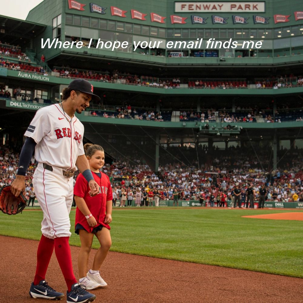 A Red Sox player and Dana-Farber patient walk onto the field at the WEEI/NESN Radio-Telethon with text saying “where I hope your email finds me”
