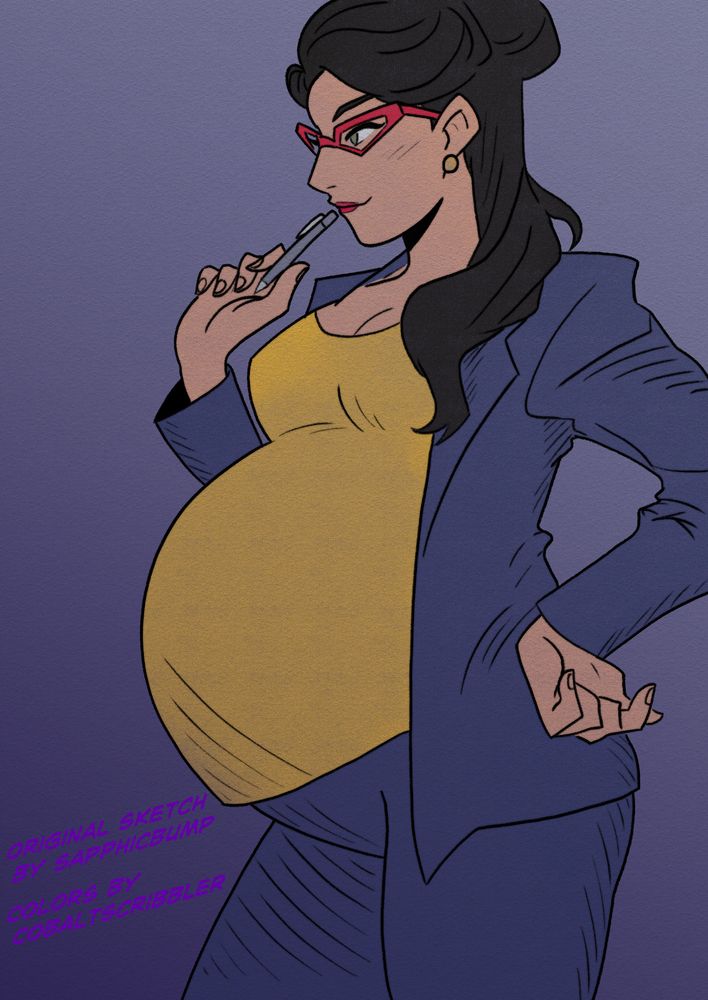Heavily pregnant Vicki Vale from My Adventures With Superman wearing a dark bluish purple pantsuit and a yellow top, with red glasses and gold earrings. She is pressing a pen to her lip as she gazes on away from the viewer.
