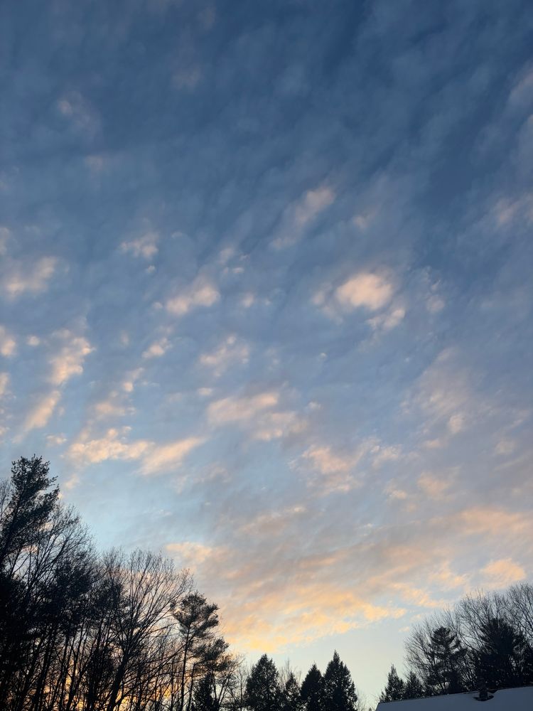 Wispy clouds against a blue sky backlit by the sun on a snowy day