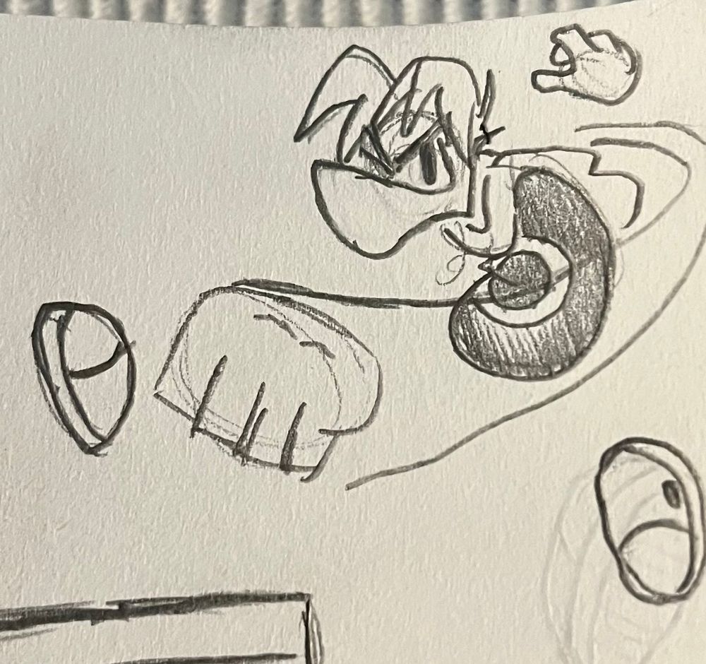 A sketch of Rayman. He swinged his fist to punch while looking at the viewer (not at them) and doing a sonic-like pose in the air