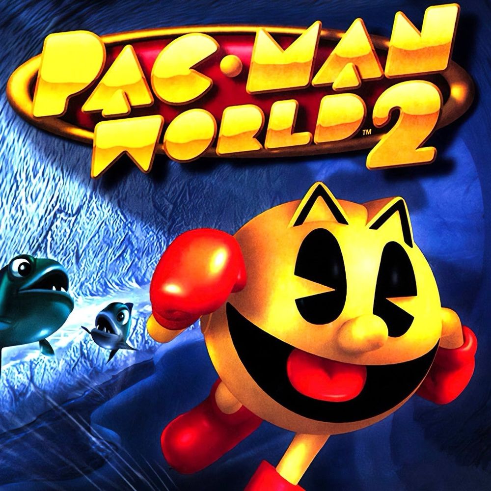Pac-Man World 2 box art of Pacman ice skating with fish and tundra in the background
