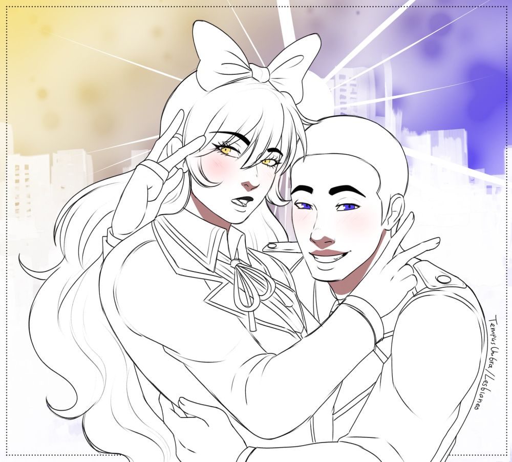 Blake Belladonna and Cress Bluebell posting for a picture in Beacon uniforms. They're embracing each other and holding up piece signs with their free hands. Cress is smiling. Blake is caught off guard and blushing. 

Their ship name is Bellflowers.

Art by @lesbianneopolitan.bsky.social