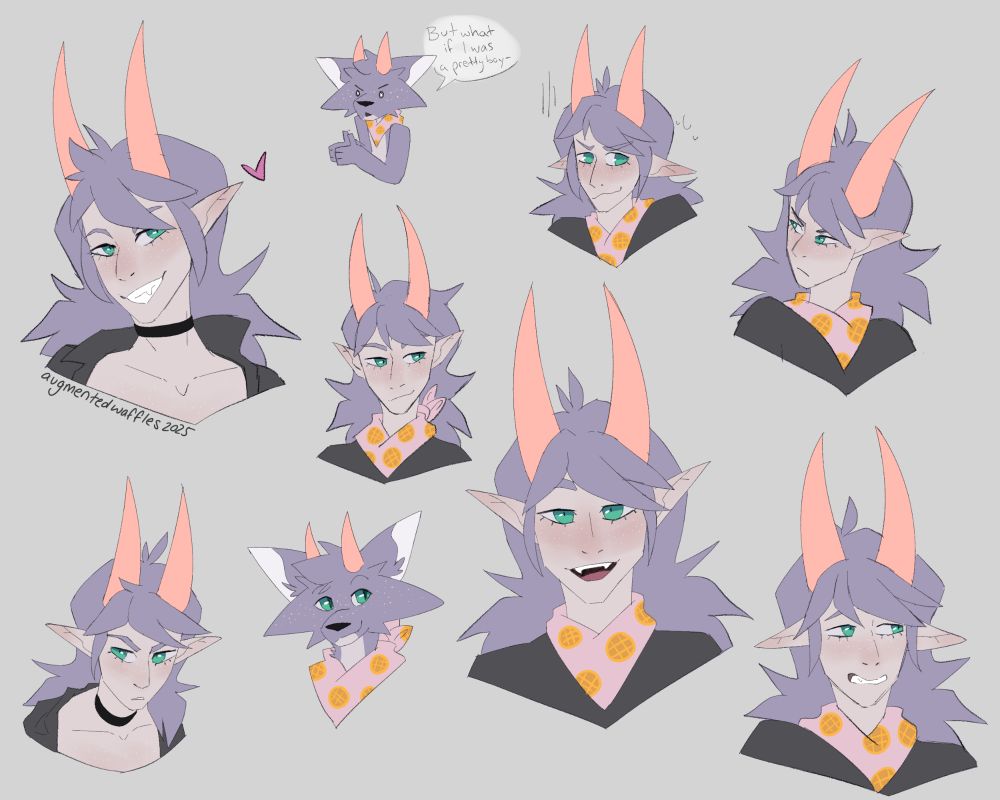 Several headshot drawings of the same character in various expressions. There are also two drawings of the same character but as a wolf-like creature with the same horns and a waffle-patterned bandana. Text at the top says "But what if I was a pretty boy-"