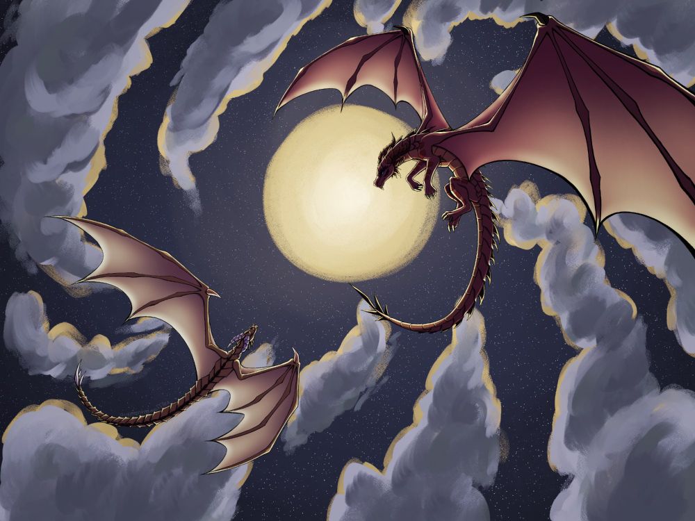 A digital drawing of two dragons flying around each other at night. The dragon at the top right is red and slightly larger than the golden one at the bottom left. The background is made up of a large yellow moon and clouds that swirl in a counterclockwise direction. Both dragons are primarily hidden in shadow except for the rim lighting and the softer light that diffuses through their wing membranes. 