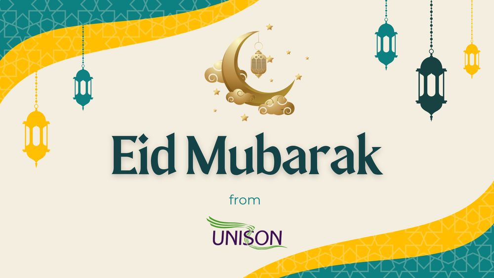 Design in green and yellow with lanterns and moon. Eid Mubarak from UNISON
