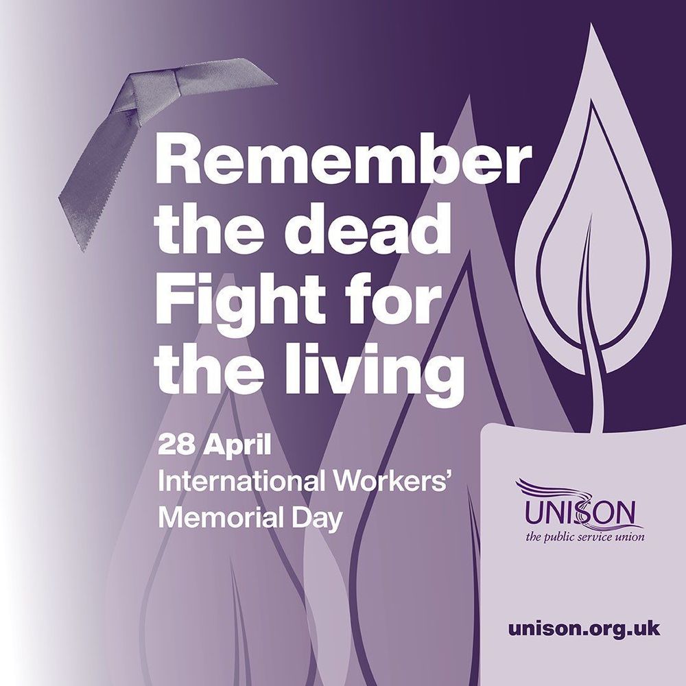 Image of memorial candle and candle flames. Remember the dead. Fight for the living' 28 April International Workers' Memorial Day