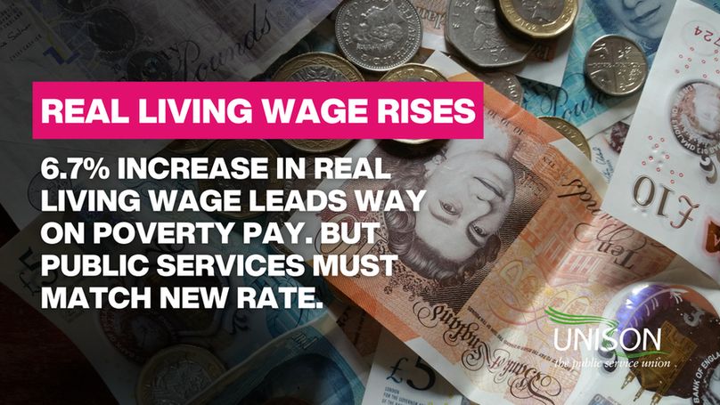 Image of money laid out with text over image reading: Real living wage rises. 6.7% increase in Real living wage leads way on poverty pay. But public services must match new rate. 