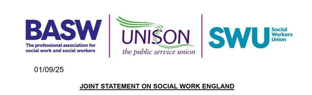 Logos of joint unions: UNISON, BASW and the Social Workers Union (SWU). Joint statement on Social Work England