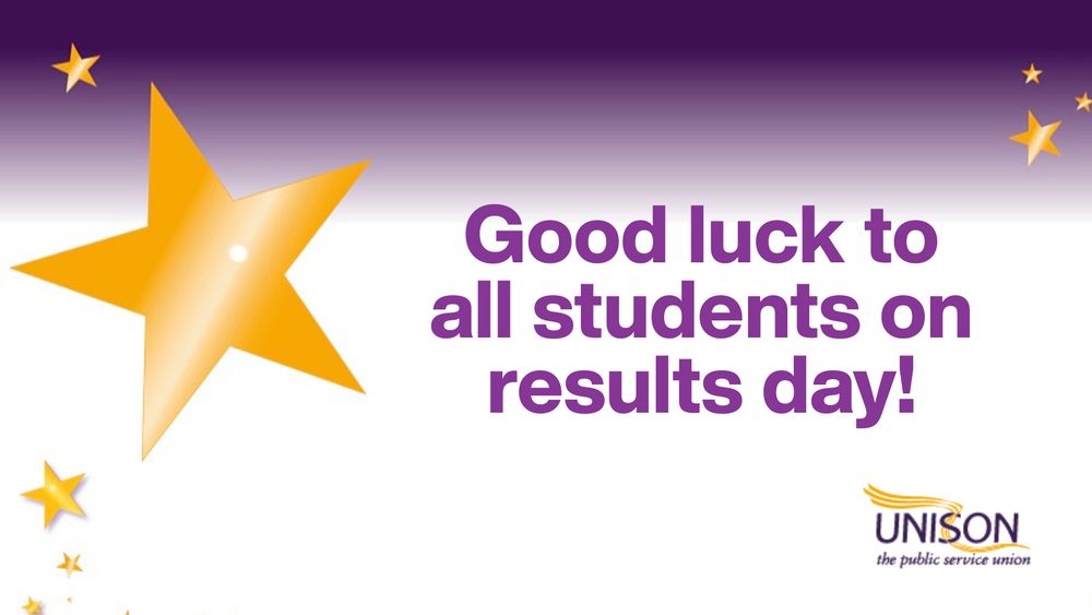 Stars on a purple gradient background. 'Good luck to all students on results day!'