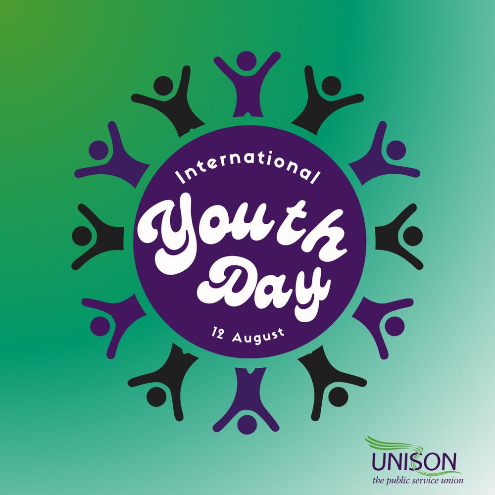 Figure icons with arms upraised encircling a globe. International Youth Day 12 August
