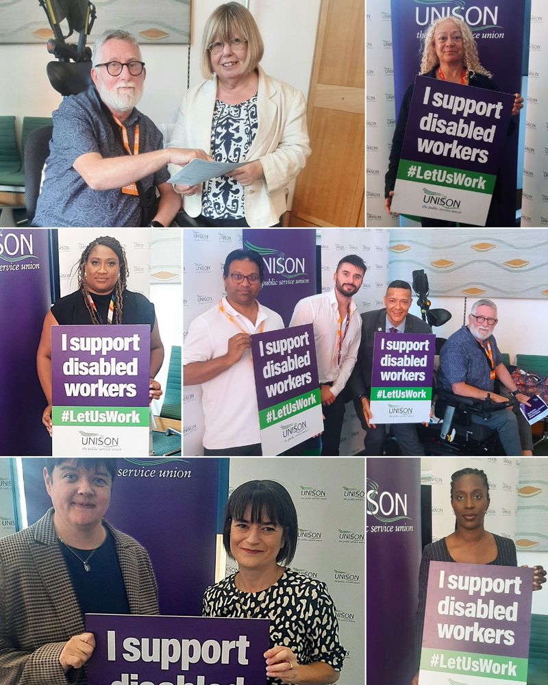 Alt: Photos in Parliament of members of UNISON’s national disabled member committee with MPs and ‘I support disabled workers’ banners 

 L to r: 1. Graeme Ellis - National disabled member committee, Liz Twist MP 2. Kim Johnson MP 3. Bell Ribeiro-Addy MP 4. Jamal Pasha - Co-Chair National disabled members committee, Dominik De Souza - ANO disability equality, Clive Lewis MP, Graeme Ellis - National disabled member committe 5. Katrina Gilman - National Officer disability equality, Johanna Baxter MP 6. Florence Eshalomi MP,  Chair of the Housing, Communities and Local Government Committee