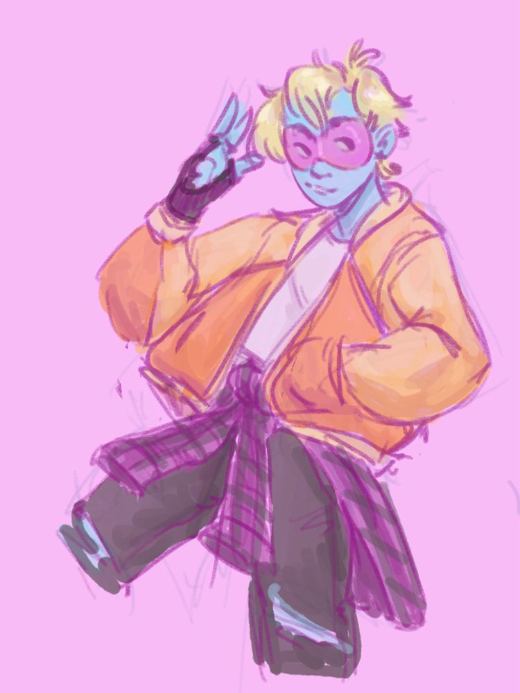 A digital sketch of a character with blue skin and short blond hair. He's wearing an orange bomber jacket over a white t shirt and ripped dark jeans. A hot pink flannel is tied around his waist