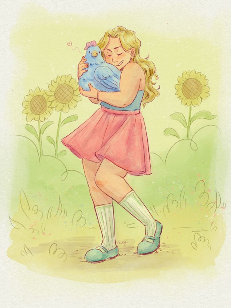 a digital watercolor-like illustration. Haley from Stardew Valley happily holds a blue chicken from the same game. Haley is wearing a blue top, pink skirt, and blue-green Mary Janes. 3 sunflowers can be seen in the background