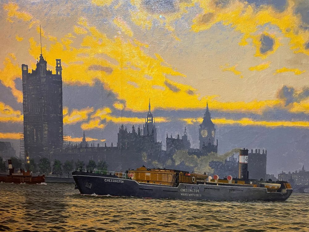 Image of an industry ship on a choppy River Thames. Sky canary yellow and clouds deep blue-grey. 