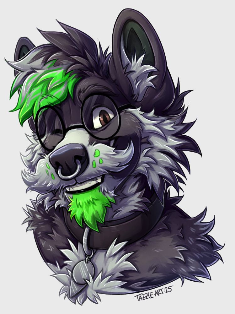 an anthro wolf with grey and dark grey fur, and bright green accents. he has a mustache and beard, and is wearing round glasses.