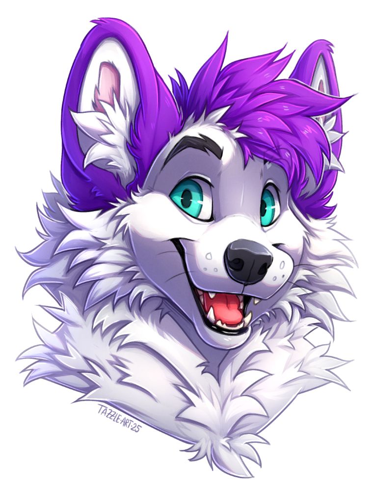 a white anthro fox with purple ears and headfluff, and bright turquoise eyes