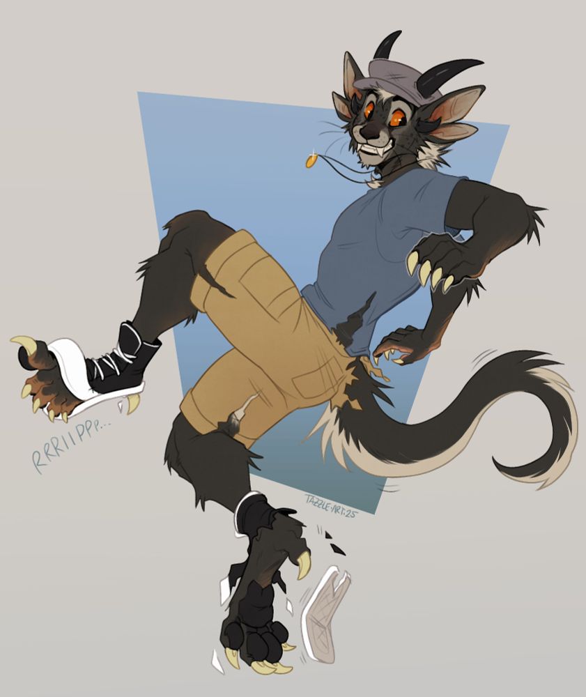 an anthro character mid-transformation from a human into a charr, they are wearing a blue shirt and tan cargo pants, and have ripped through their sneakers with their new claws.