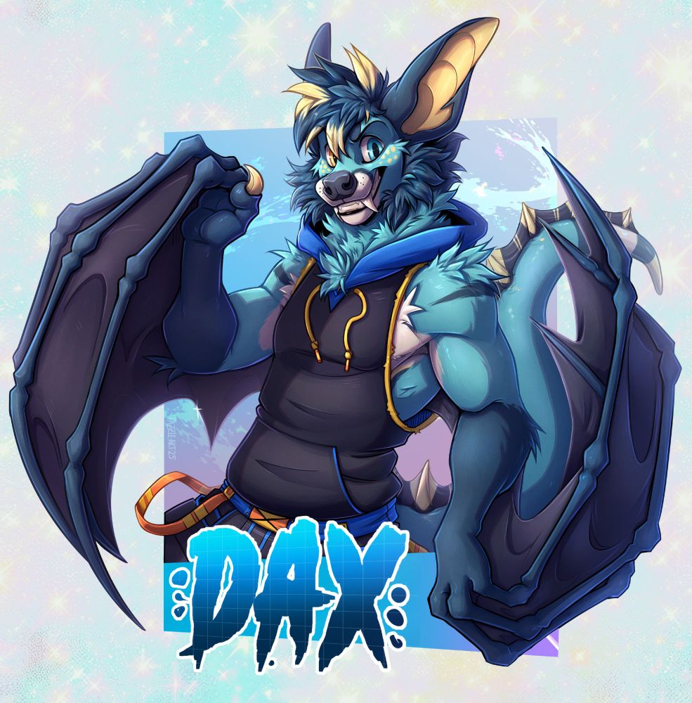 a waist-up badge of an anthro fruit bat with a vaporeon inspired colour scheme, wearing a sleeveless hoodie to accommodate his wings. the name underneath reads "dax"